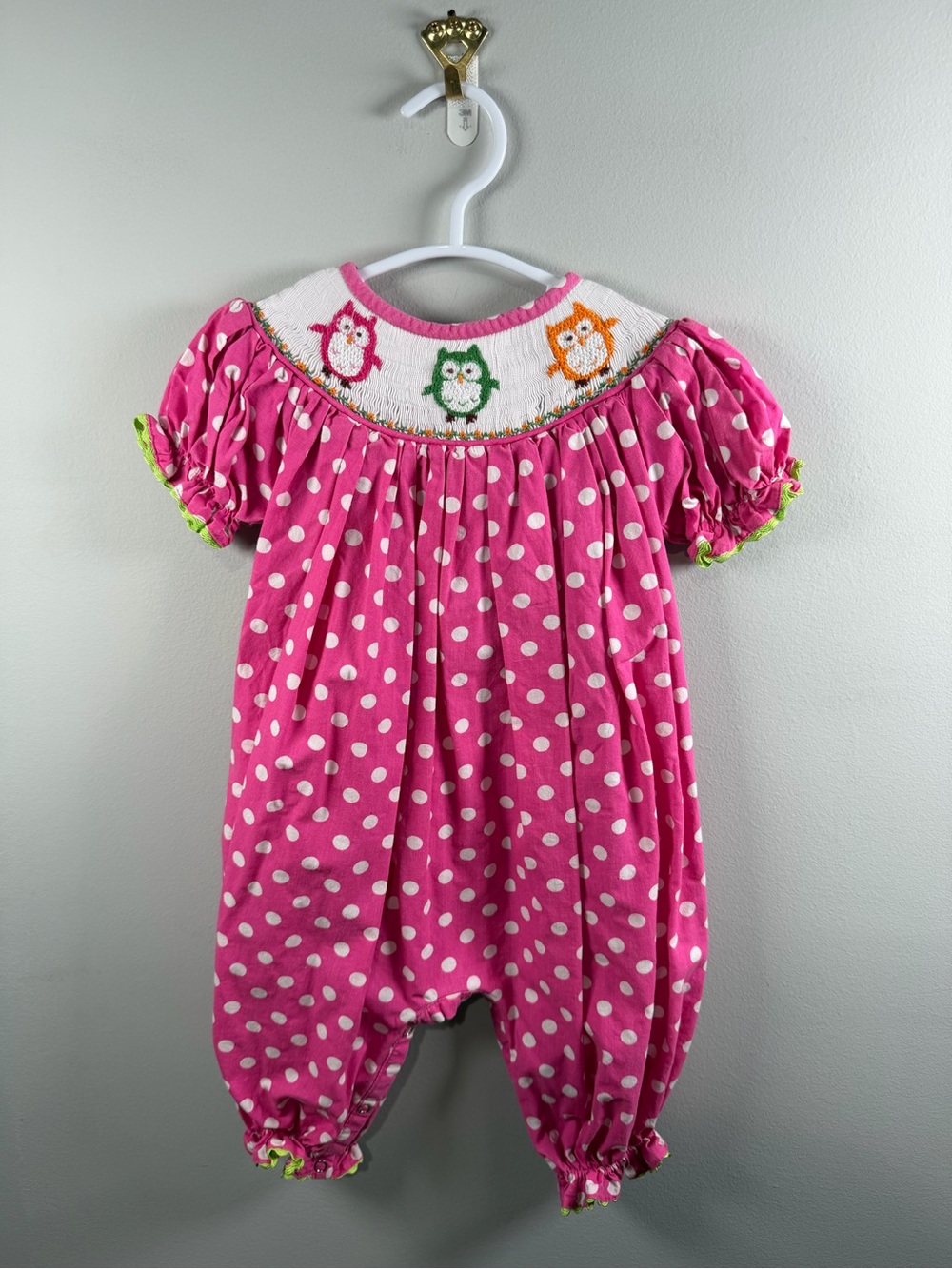 Sew Adorable Pink Polka Dot Smocked Owl One-PieceRomper Size 12m